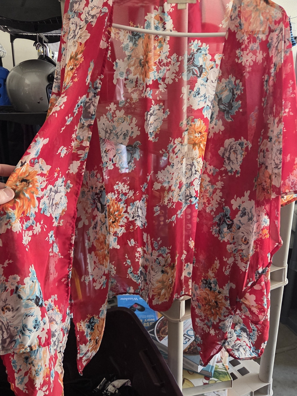 Floral Red Sheer Kimono-Style Camisole Cover-Up